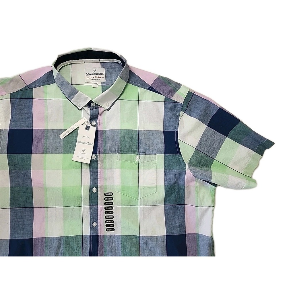 New International Report Men's 3XL Modern‎ Fit Summer Plaid S/S Button Down NWT
